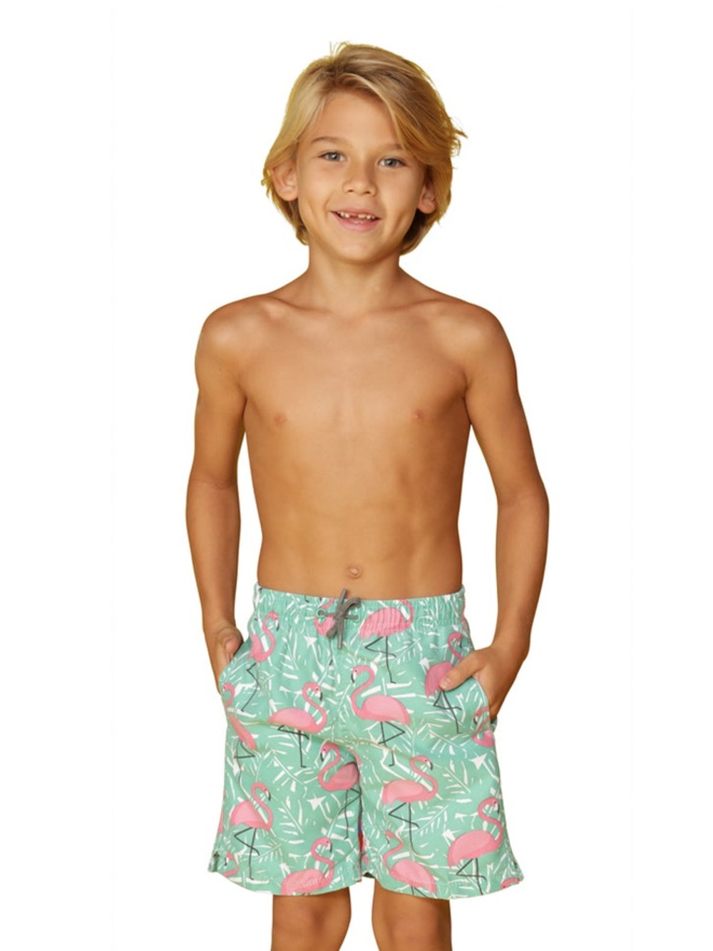 Ingear surfer Kids Mint Green Flamingo tropical Swim Trunks boardshorts 12/14